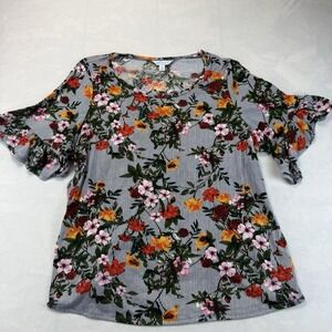 Boutique+ Women's 3X Floral Blouse Blue White Stripe Ruffle Bell Sleeve Top
